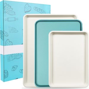 3-Pack Blue Ceramic-Coating Baking Sheet Pans, -Free Nonstick Cookie Sheet Trays, 0.8mm Thick Heavy Duty, with Diamond Texture, Replacement Toaster Oven Tray for Everyday Baking
