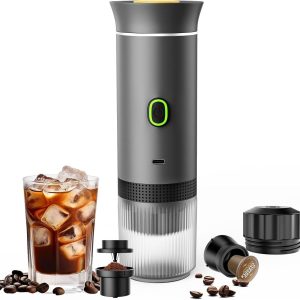 - Portable 3-in-1 Coffee Maker, USB-C Self-Heating, Compatible with Ground Coffee and  Capsules, Grey