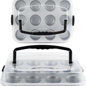 2-Pack Muffin Pan with Carry Lid, Non-Stick 12-Cup Muffin Tin, Silver Cupcake Pan with Lid and Handle for Transporting, Suitable for Party, Holiday, Gathering etc