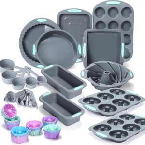 51 Piece Silicone Bakeware Set, Non-Stick Kitchen Oven Baking Pans, Silicone Cake Molds with Muffin Pan, Cookies Baking Sheet, Cake Pan, Donut Pan and Loaf Pan