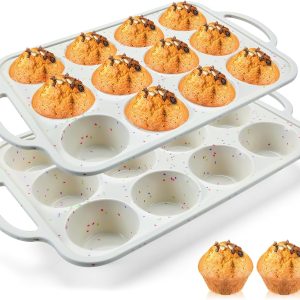 2Pack Silicone Muffin Pan for Baking with Metal Reinforced Frame, 12 Cup Regular Size Cupcake Pan, BPA Free Silicone Muffin Tray, Cupcake Baking Pan Molds for Oven Dishwasher Safe