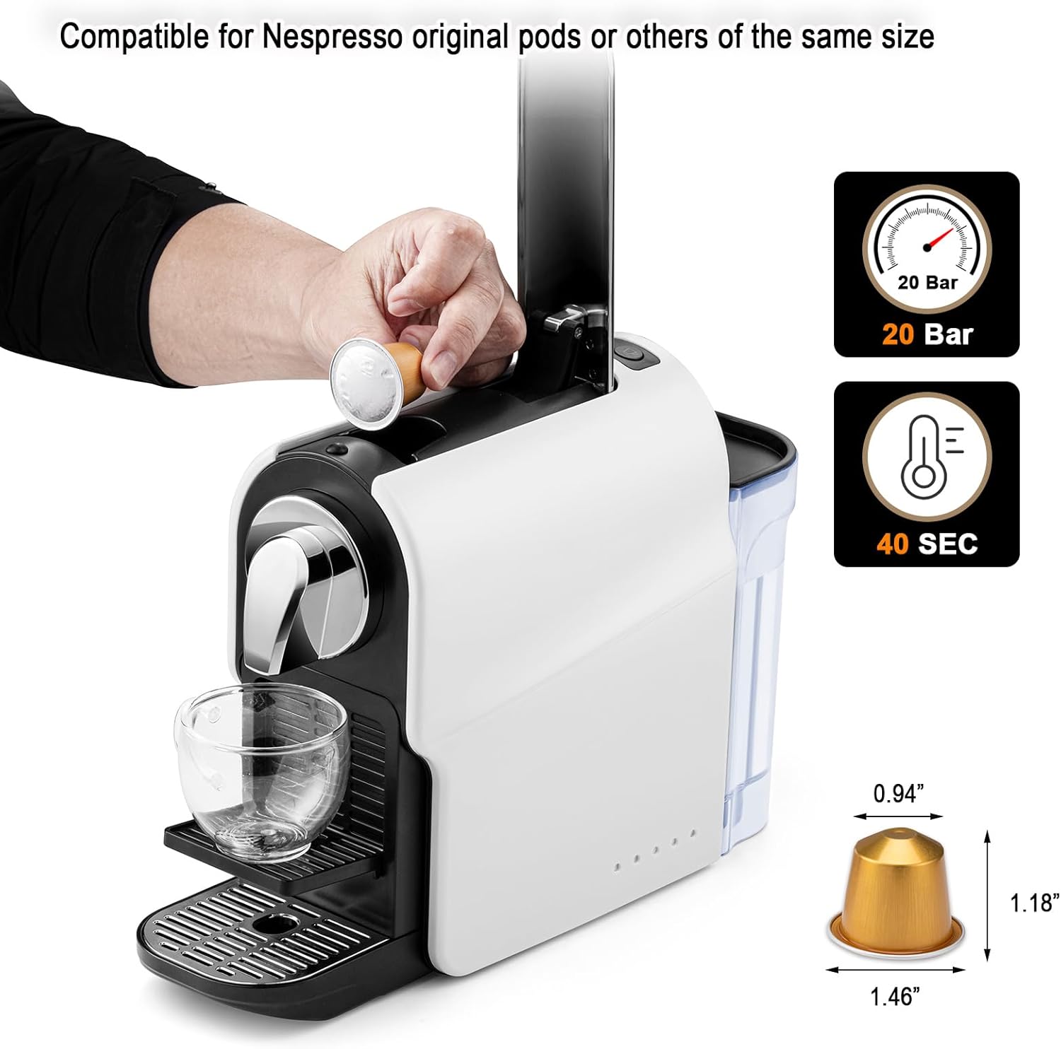 Espresso Pod Machine for Home, Compact Capsule Coffee Maker for NS Original Pods, 20 Bar High Pressure Pump, 22oz Removable Water Tank, Adjustable Cup Tray, 1350W - Image 2