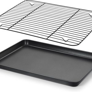 Nonstick Baking Sheet with Rack Set, 16 x 12 x 1 Inch Cookie Sheet Baking Pan with Cooling Rack for Oven, Commercial Grade & Non-Toxic, Easy to Clean
