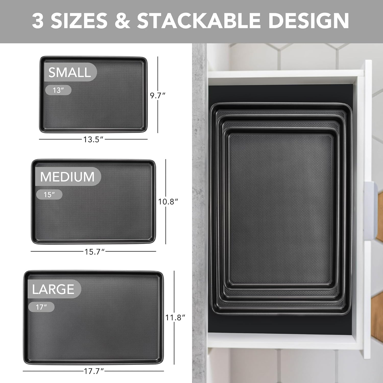 Baking Sheet Pan Set, Nonstick Cookie Sheet for Oven, Carbon Steel Half, Jerry Roll Pan with Diamond Texture Pattern, Heavy Duty Baking Tray, Set of 3 - Image 2