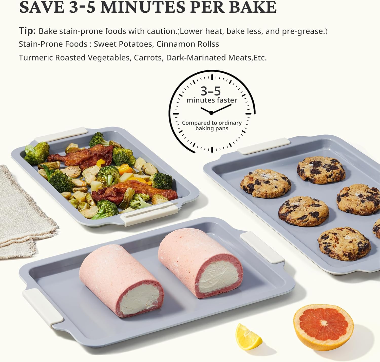 Non Stick Ceramic Baking Sheet Pan Set of 3, Natural Non Toxic Cookie Sheets for Baking - , Free, Heavy Duty Aluminized Steel Oven Trays for Cooking with Silicone Handles, Cream - Image 2